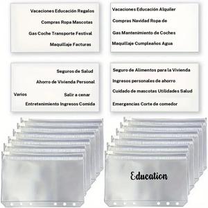 Set de Sobres con Cierre A6 Transparentes, 12pcs Bolsillos para Carpeta y 4 Etiquetas Autoadhesivas para Planificación de Presupuesto, Bolsillos para Carpeta para Ahorrar Dinero