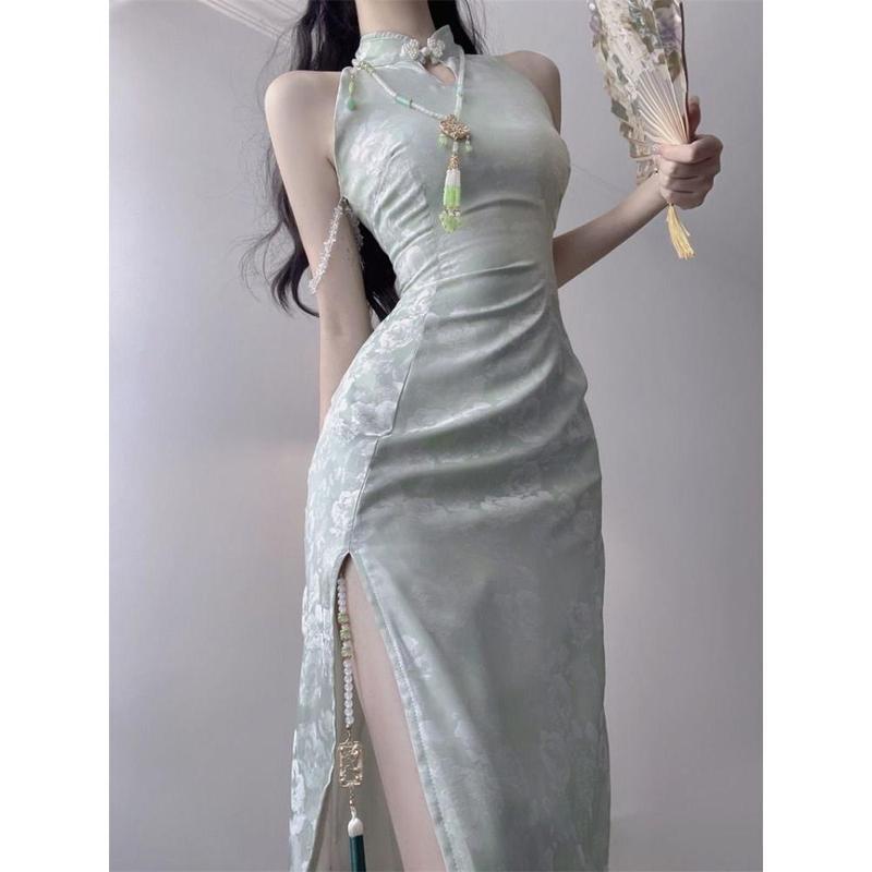 Váy Sườn Xám Cải Tiến, Phong Cách Trung Quốc Mới, Dành Cho Nữ, Váy Mùa Hè, Nhỏ Và Dài, In Hình, Cổ Yếm Thiết Kế Trễ Vai