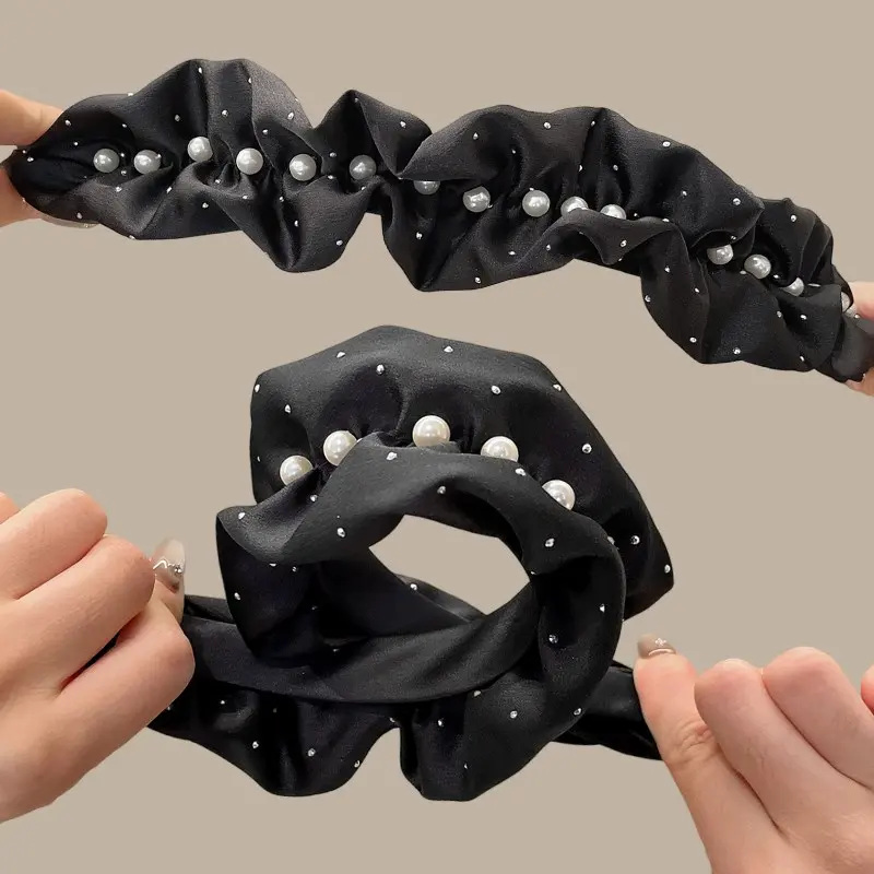 Băng Đô Satin Màu Đen Xếp Nhún Thanh Lịch, Vòng Cài Tóc Rộng Công Chúa, 1 Cái 3