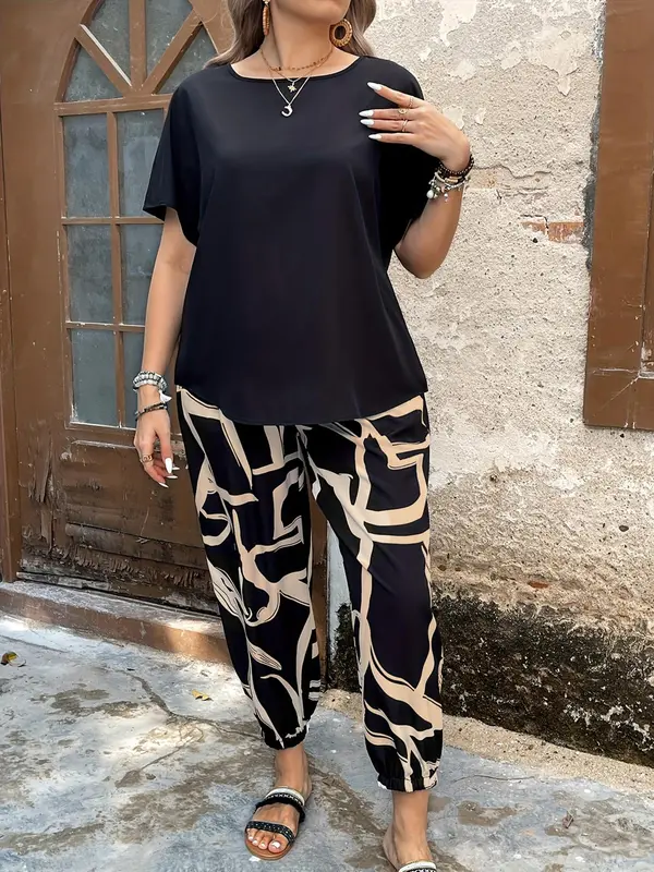 【Plus Size】 Two Counts Batwing Sleeve Blouse & Colorblock Pants Set, Casual Round Neck Top & Trousers 2 Piece Set for Summer, 2 Piece Sets Women, Co Ords for Women for Daily Wear 2