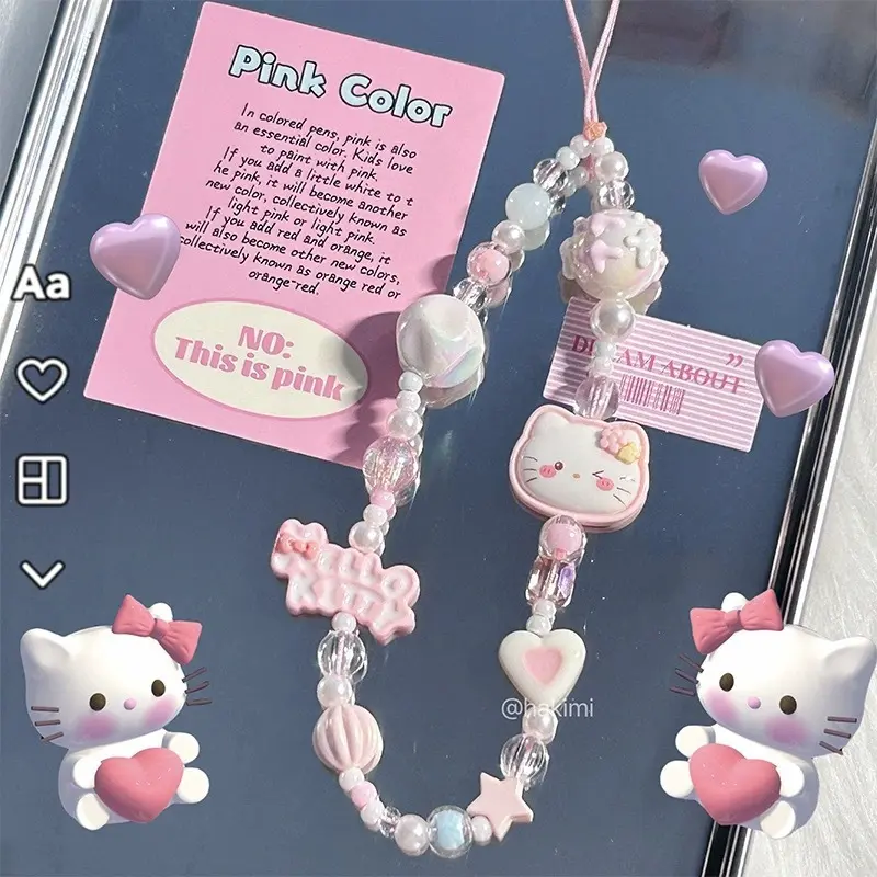 Charm Điện Thoại Di Động Thiết Kế Mèo Kitty Đính Cườm Màu Hồng, Được Vẽ Tay, Dễ Thương Và Mềm Mại, Dây Đeo Buộc Dây Chụp Ảnh CCD Chống Thất Lạc, Đồ Trang Trí Phone 0