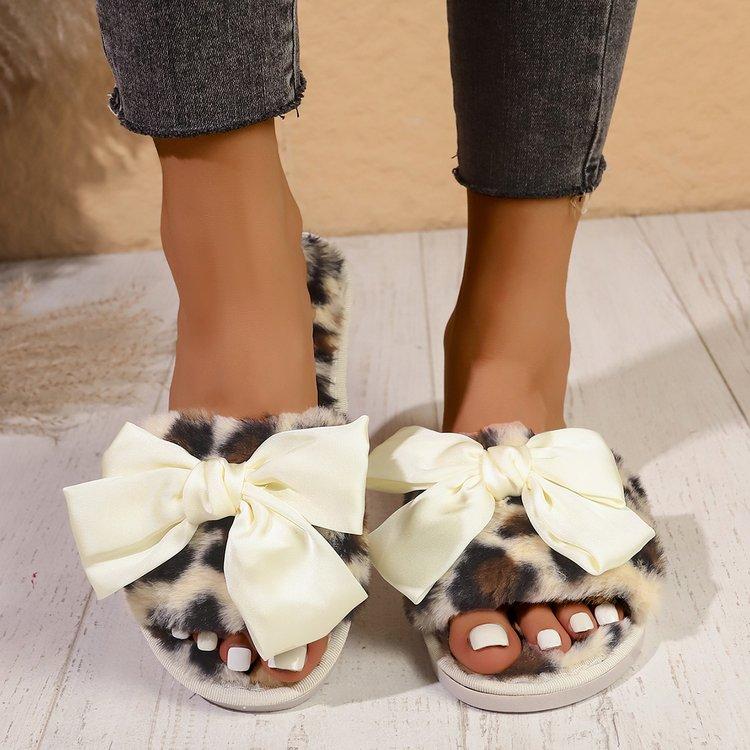 Product Introduction of Fluffy Leopard Bowknot Slippers Women's Autumn and Winter Flat Home Floor Slippers Open Toe Cotton Slippers Women's Flat-Heeled Slippers Rubber Suede 23