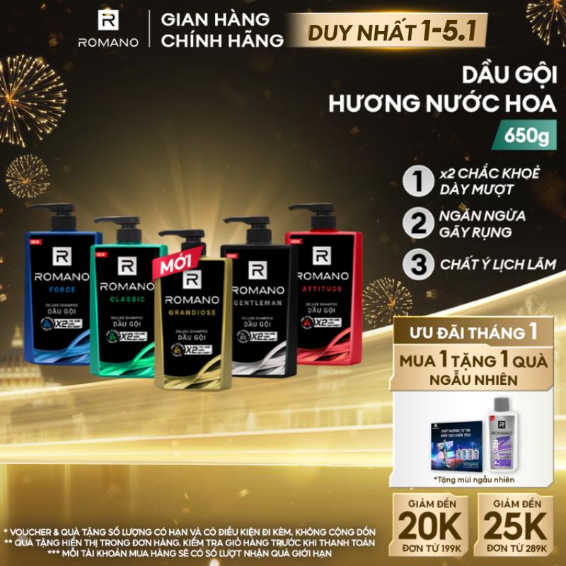   DUY NHẤT 1-5.1 Dầu gội Dưỡng Tóc cho nam Romano hương nước hoa Classic  Force  Attitude  Gentleman Grandiose 650g chai - 5 mùi hương có sẵn 