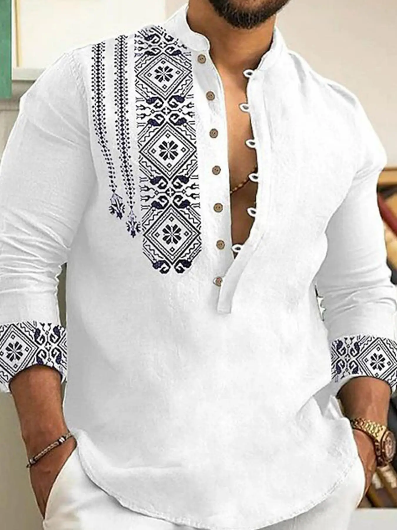 Men's Ethnic Pattern Half Button Shirt, Regular Fit Boho Fashion Long Sleeve Top for Spring & Fall, Men's Clothes for Daily Wear