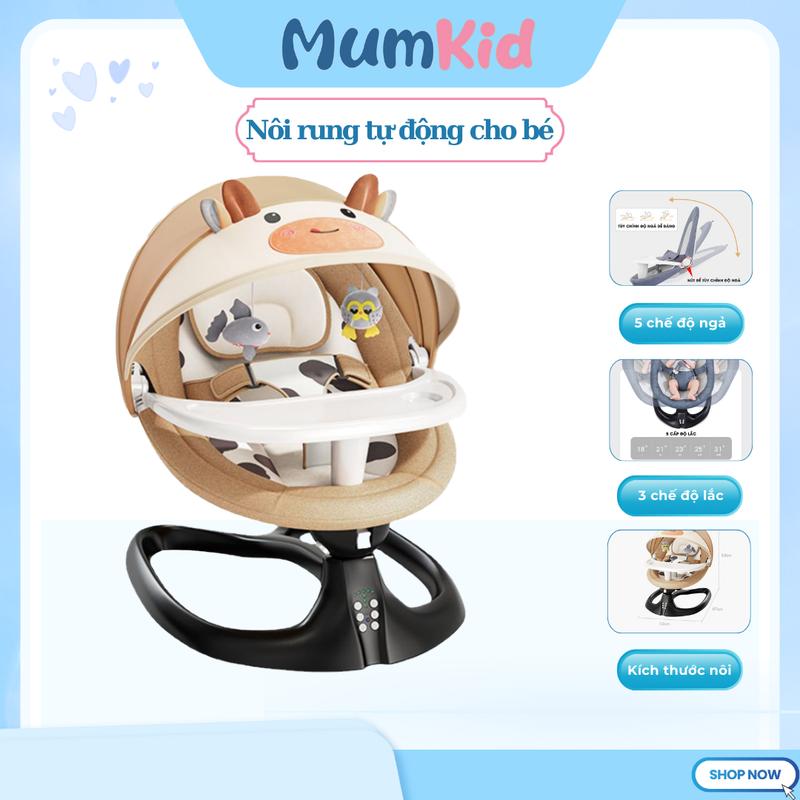 Nôi điện cho bé MumKid - Nôi rung tự động có điều khiển từ xa - Tựa lưng nâng hạ thành ghế ăn dặm - Bảo hành 12 tháng MK23003