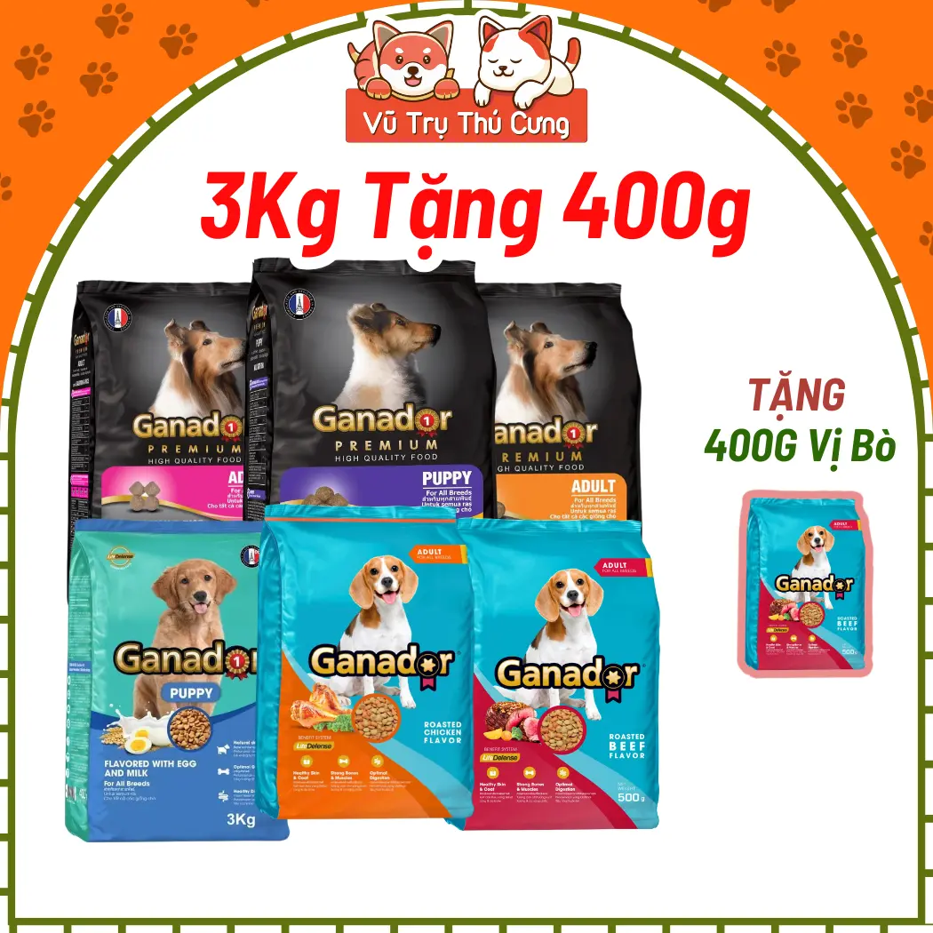 (3Kg Tặng 400g) Thức ăn hạt cho Chó con, Chó trưởng thành Ganador