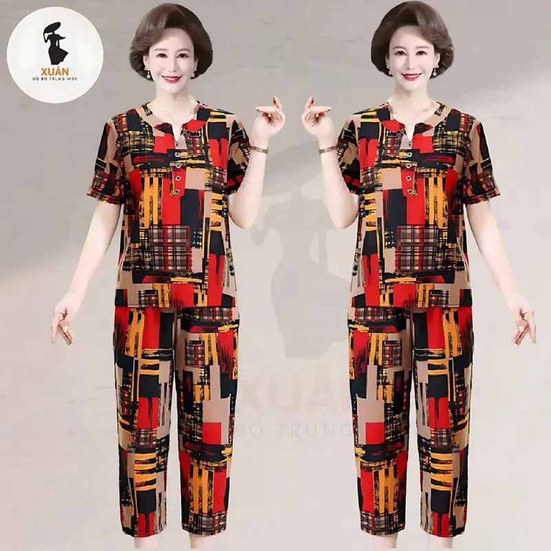 Đồ bộ trung niên thun cotton mặc nhà cho mẹ u50,XUÂN FASHION quần 9 tấc co dãn thoải mái cao cấp TH23 1
