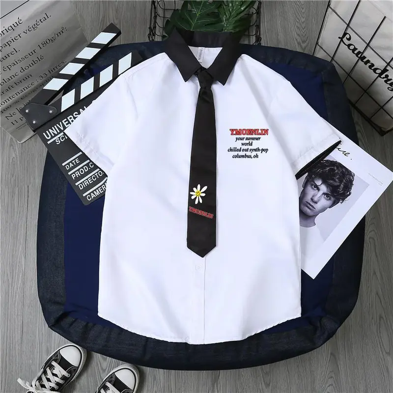 Áo Sơ Mi + Cà Vạt 2024] Áo Sơ Mi Trắng Đẹp Trai T Hợp Thời Trang Cho Nam Phong Cách Preppy Học Sinh Đẹp Trai Xu Hướng Dáng Rộng Phong Cách Hàn Quốc ngắn Tay Trang Phục Công Sở Thời Trang Cho Nam 4