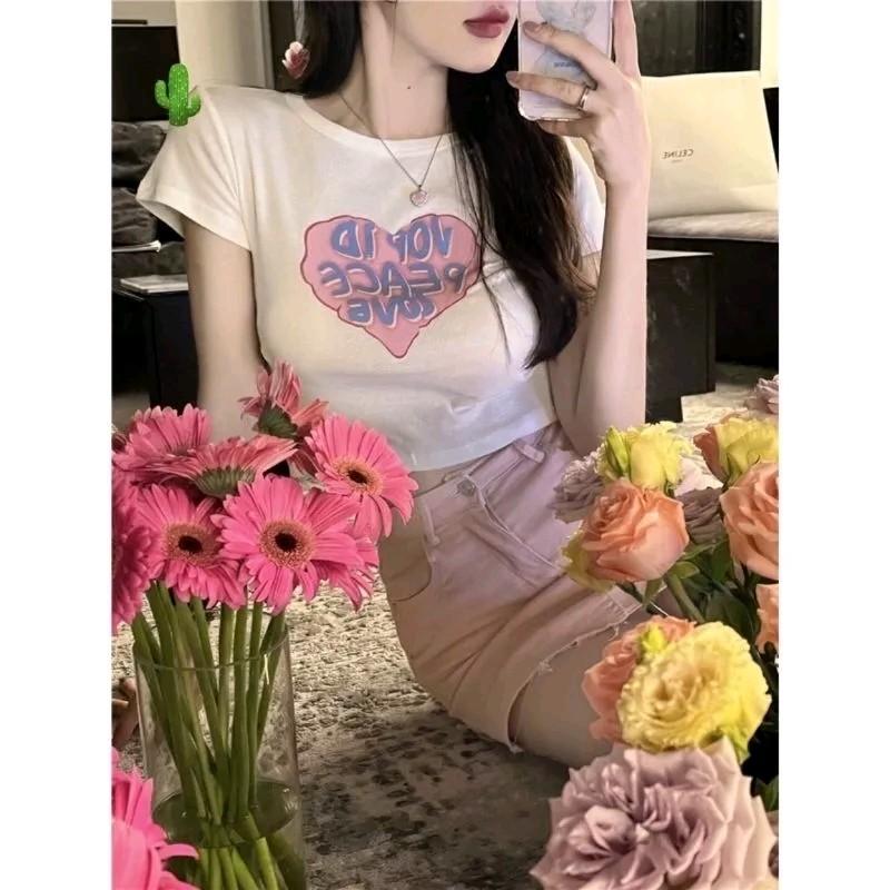 Áo thun Croptop cổ tròn in hình trái tim, chất thun borip dày đẹp 4