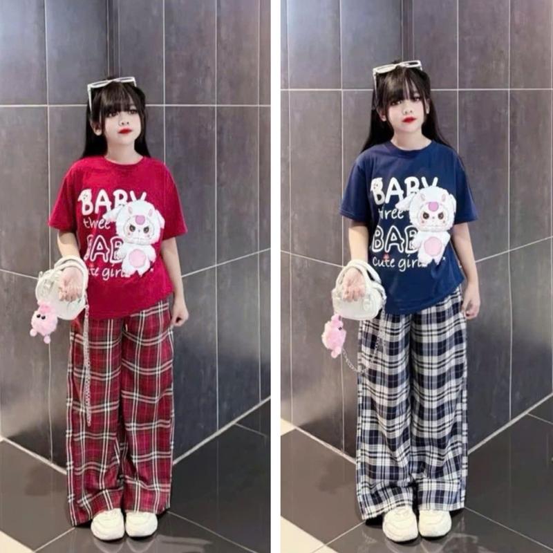 ( ComBô 2 Bộ ) Sét áo cộc tay quần ống xuông kẻ caro cho bé gái từ 9-42kg chất cotton su 0