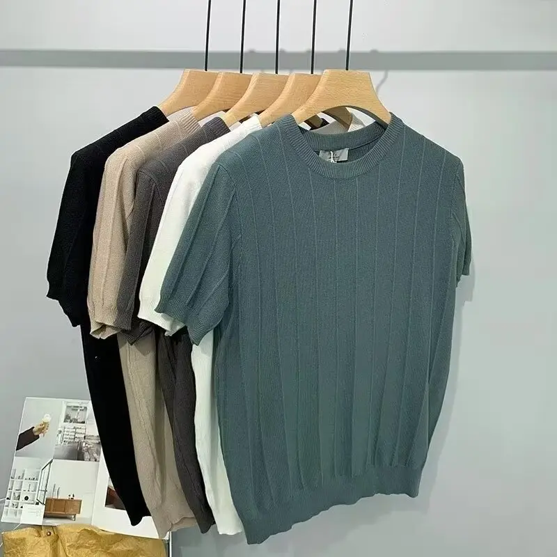 Áo Thun Dệt Kim Lụa Lạnh Mỹ, Cao Cấp, Màu Trắng, Cổ Tròn, ngắn Tay Cho Nam, Phong Cách Thường Ngày Hợp Xu hướng Áo Thun Mới, Tay Lửng Cho Nam