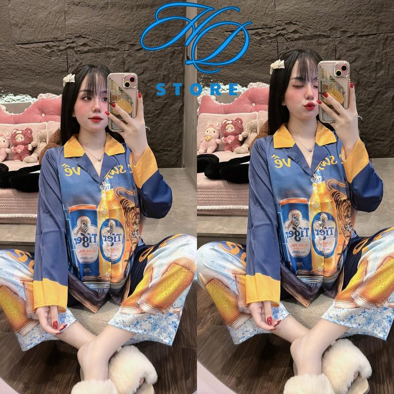 DƯỚI 58Kg Dưới 1’63 [ Mẫu Tết ] Đồ Bộ Nữ Lụa Latin Mặc Nhà Áo Tay Dài Thiết Kế Ken Xanh Ger Đỏ Đồ ngủ Bộ Ngủ Pijama Lịch Nho - HD STORE 2