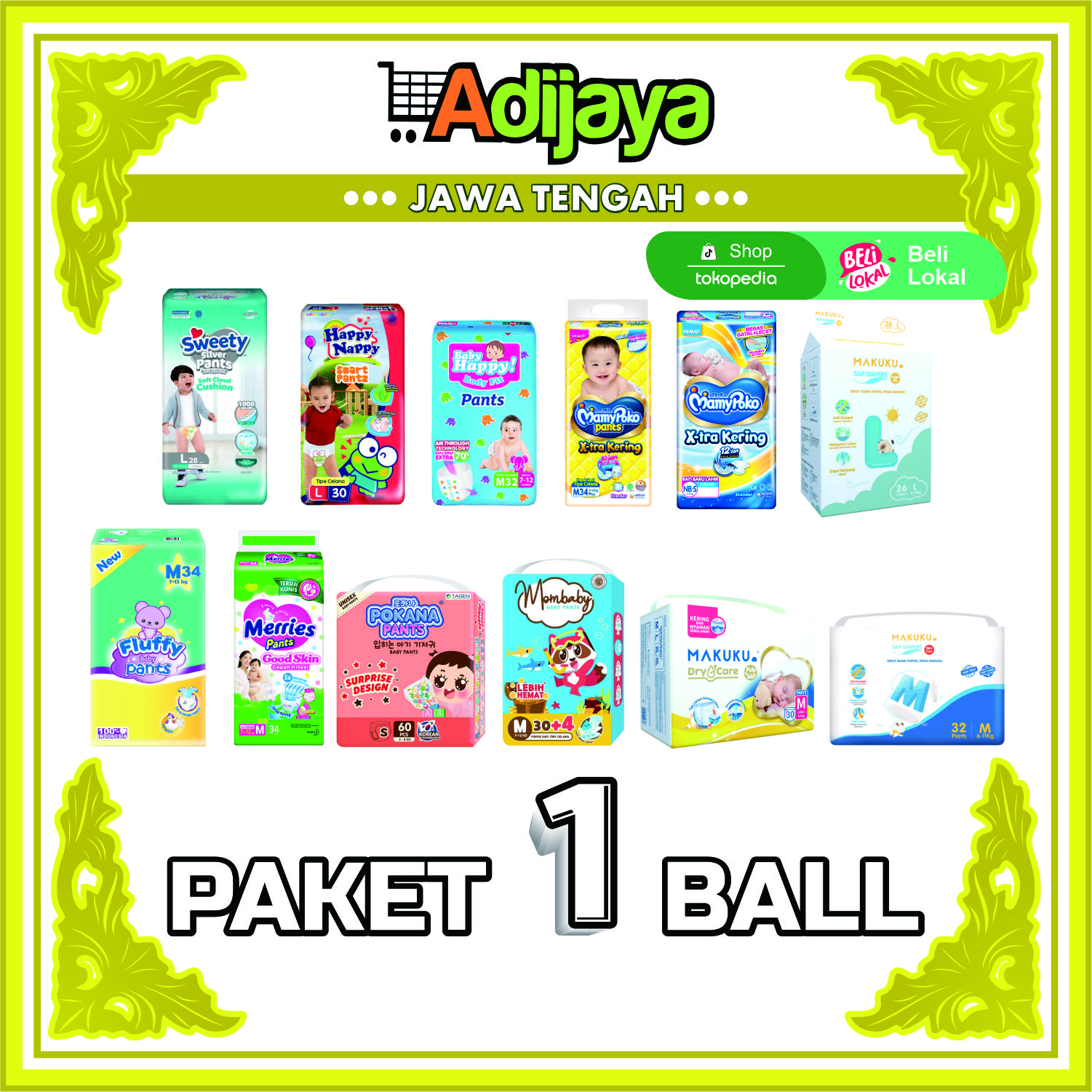Promo Popok Bayi Murah Jateng [ PAKET 1 BALL ] Sweety Silver / Sweety Bronze / Baby Happy / MamyPoko / Fluffy / Merries / Happy Nappy / Makuku Dry care / Makuku Comfort fit / Makuku SlimCare