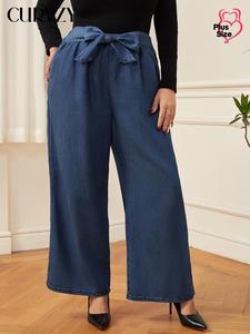 CURVZY Plus Size Solid Color Knot Front Pocket Wide Leg Jeans, Casual Comfy Denim Trousers for Daily Wear, Women's Bottoms for All Seasons