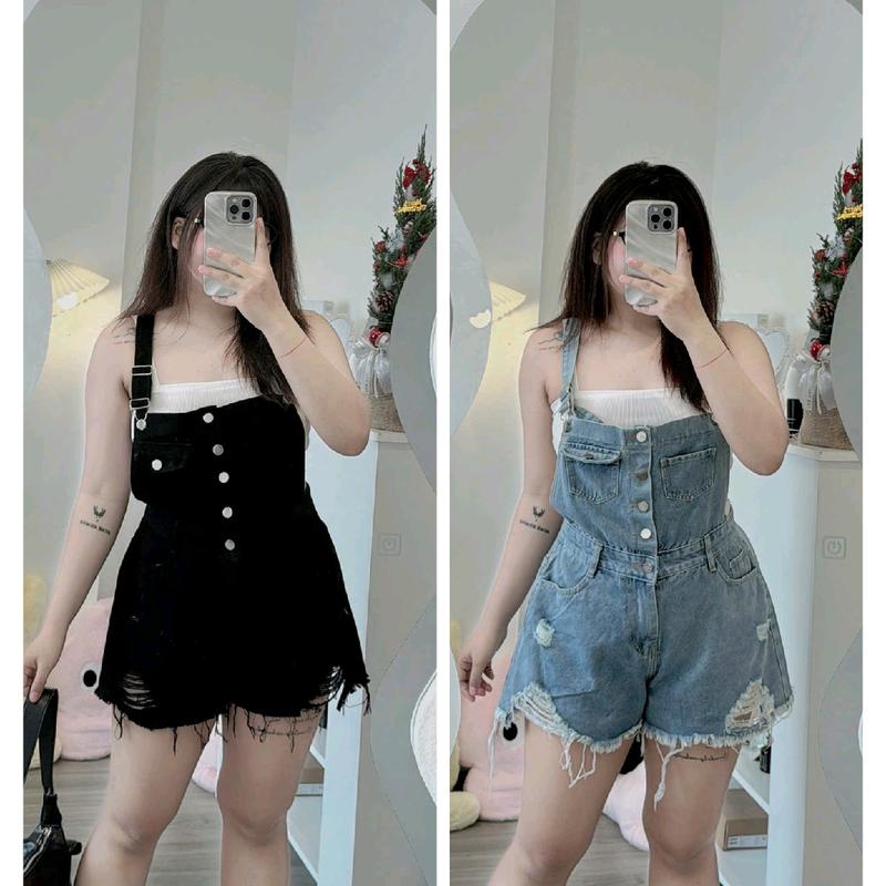 [ Bigsize 60_90kg] Quần yếm jean màu đen/ xanh ( kèm áo ống màu trắng hoặc đen nha)