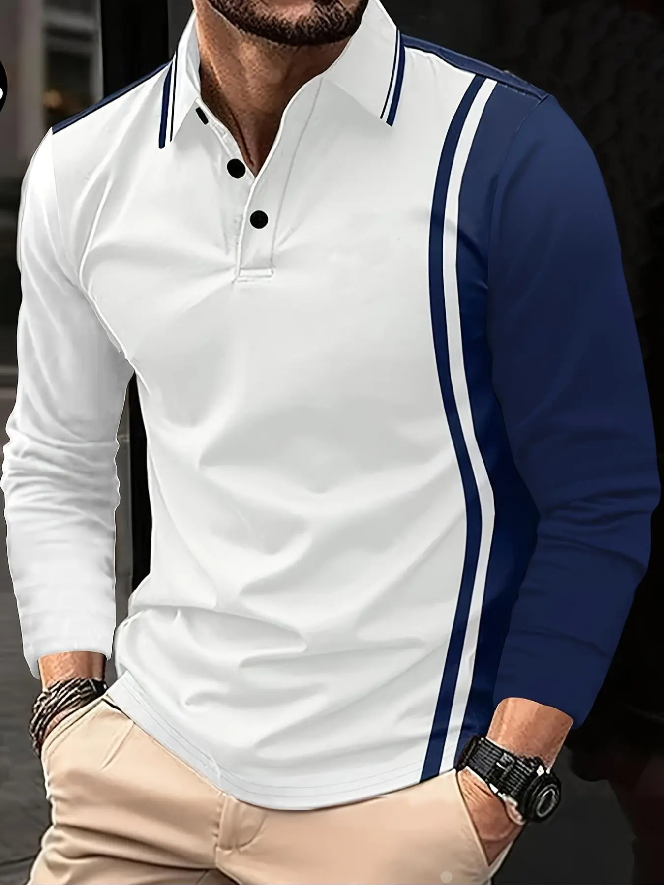 Men's Patchwork   Print Polo Shirt, Regular Fit Casual Long Sleeve Top for All Seasons, Fashion Men's Clothes for Daily Wear