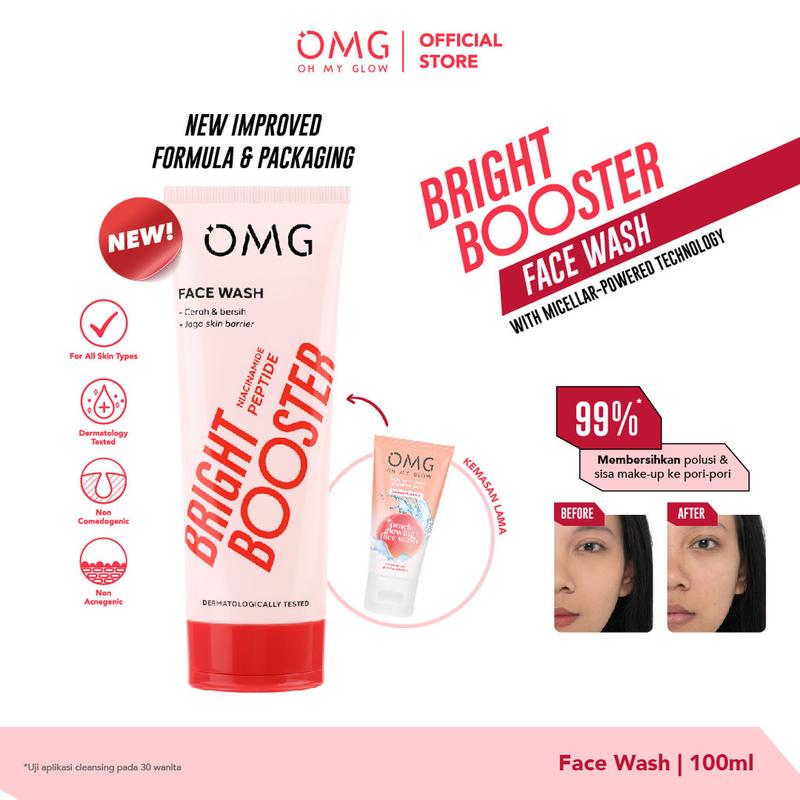 OMG Oh My Glow Bright Booster Face Wash 50ml & 100ml - Untuk Semua Jenis Kulit - Membersihkan Hingga ke Pori Tanpa Membuat Kulit Kering, Mencerahkan, Menjaga Skin Barrier - Micellar Powered Technology - Mengandung Niacinamide + Peptide 5