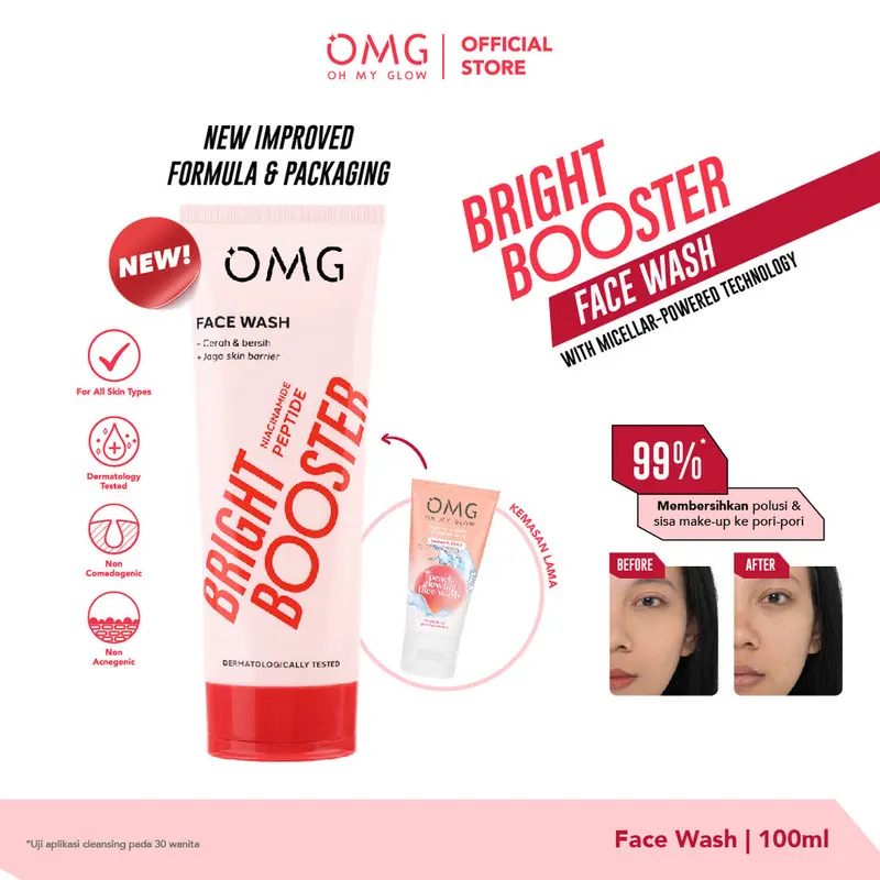 OMG Oh My Glow Bright Booster Face Wash 50ml & 100ml - Untuk Semua Jenis Kulit - Membersihkan Hingga ke Pori Tanpa Membuat Kulit Kering, Mencerahkan, Menjaga Skin Barrier - Micellar Powered Technology - Mengandung Niacinamide + Peptide 5
