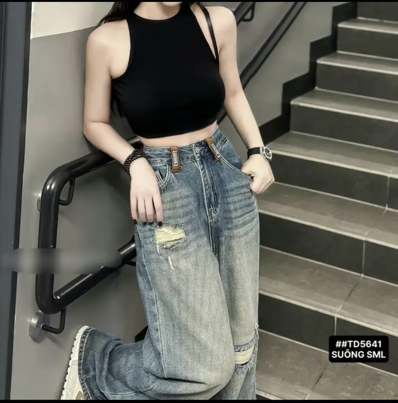 (S-2XL) Quần Jean Suông Phối Đai Eo Dài 103cm và 95cm J143 Khuy Women Pants 3