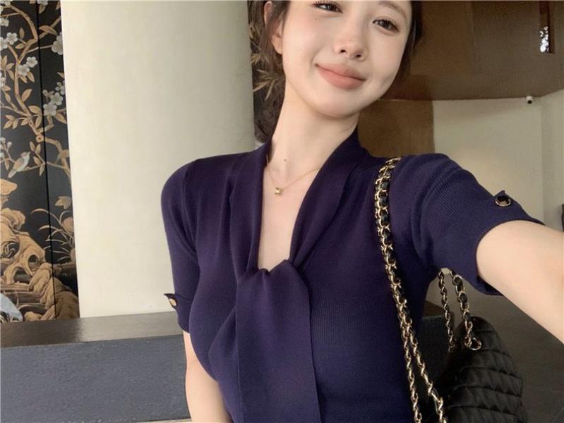 Product Introduction of CQ-Korean Style Ribbon  Short-Sleeved Knitted T-shirt Women's Summer Waist Elegant Slightly Mature Style Chic Blue Top SS24 [1470] 4