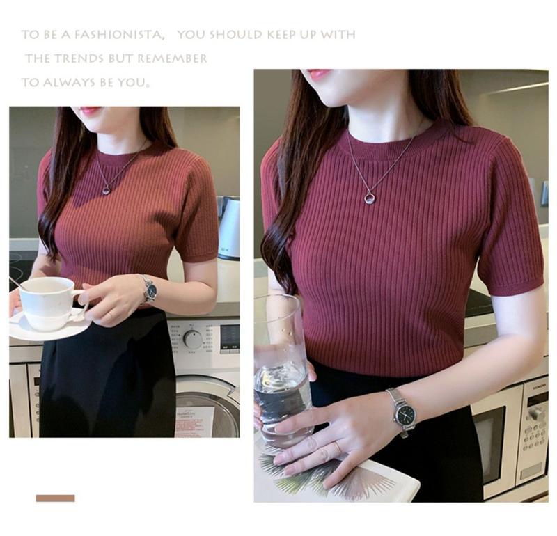 Product Introduction of Áo Dệt Kim, Dáng Ôm, Áo ngắn Tay, Áo Chui Đầu Nữ, Có Thể Mặc Bên Trong, Ngắn, Hàng Mới Về Mùa Hè 2024, Áo Sơ Mi Lớp Nền Cổ Tròn 10