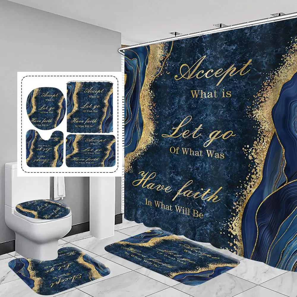Marble Pattern Bathroom Accessories, 1 Shower Curtain with 12 Hooks Or 4 Counts/1 Set Shower Curtain & Mat & Toilet Lid Cover & Toilet Mat, Bathroom Decor