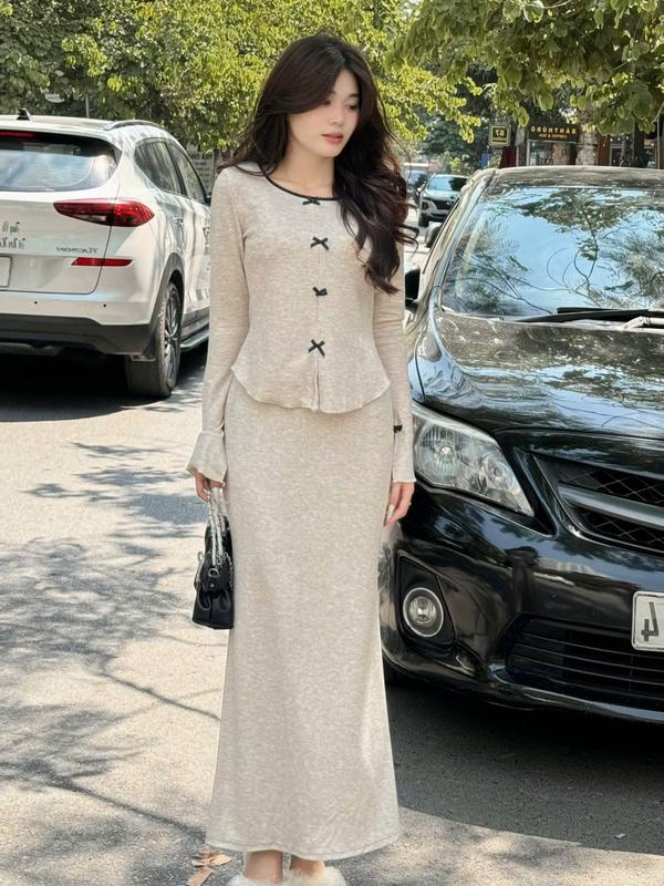 Set Áo Nơ Nhí Cổ Phối Viền Tay Loe Kèm Chân Váy Đuôi Cá Dáng Dài S1909 Tueminhhouse Nữ Women Top Kem