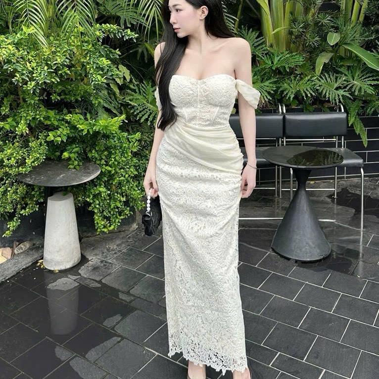 Váy thiết kế ren ôm body dáng dài phối tơ NQa32