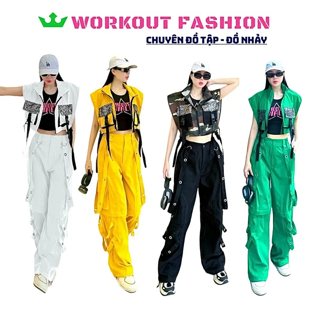 Set thể thao nữ 2in1 chất kaki với áo Gile vai rộng,mở khoá và quần Jogger ống rộng,đính vòng Oze   Sport