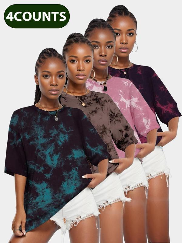 Women's Tie Dye Print Drop Shoulder Sports Tee, Sporty Round Neck Half Sleeve T-Shirt, Ladies Sportswear for Indoor Outdoor Wear 1