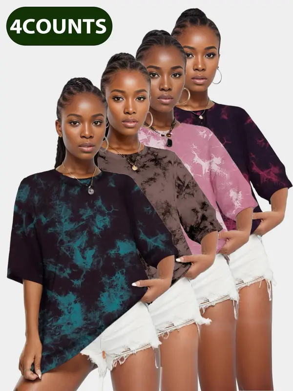 Women's Tie Dye Print Drop Shoulder Sports Tee, Sporty Round Neck Half Sleeve T-Shirt, Ladies Sportswear for Indoor Outdoor Wear 1