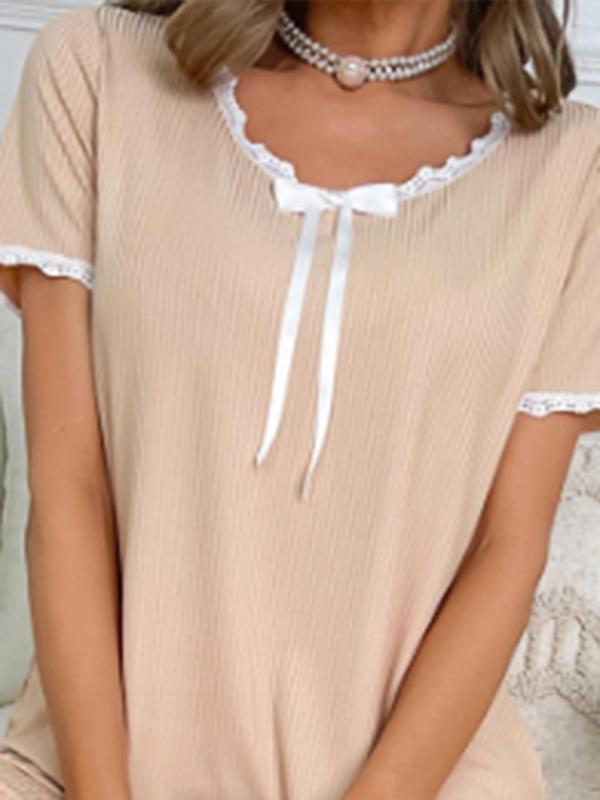 Women's 2pcs Contrast Lace Bow Decor V Neck Top & Elastic Waist Pants Loungewear Set, Contrast Binding Short Sleeve Tee & Trousers Comfort PJ Set for Homewear, Casual Comfy Sleepwear Set for Women 5