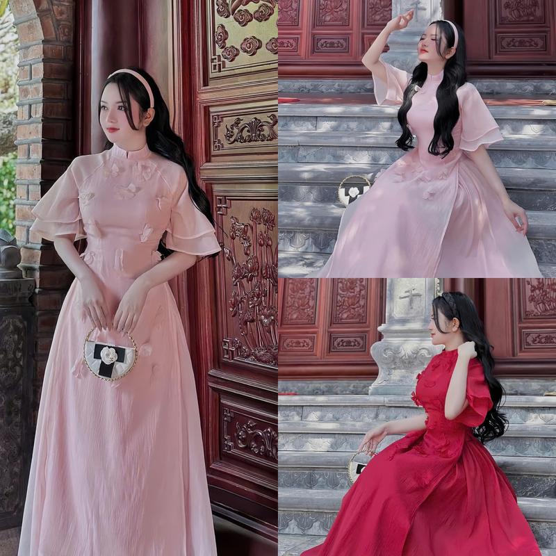 Set áo dài thiết kế tơ hoa thêu tay cánh tiên bèo 2 lớp cổ cao phối chân váy tơ nến sang trọng, thanh lịch, dễ thương, siêu xinh, đáng yêu, tôn dáng dành cho các nàng đi tiệc, đi lễ tết, đi chùa hay đi chụp hình xuân cũng quá đẹp Women