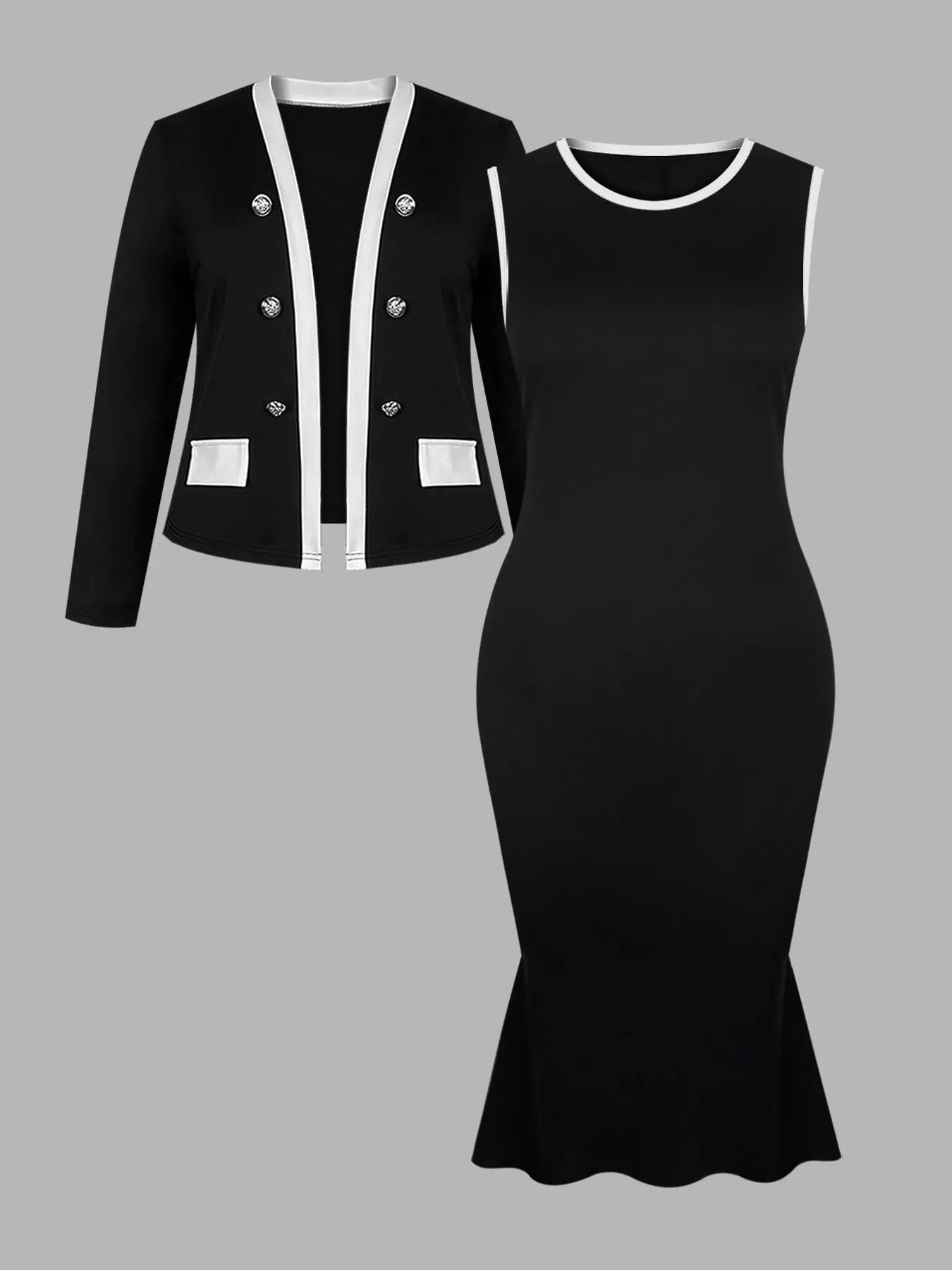【Plus Size】 Two-Piece Set Contrast Binding Button Front Blazer & Ruffle Hem Dress, Elegant Long Sleeve Outerwear & Sleeveless Dress for Party Work Business, Women's Clothes for All Seasons