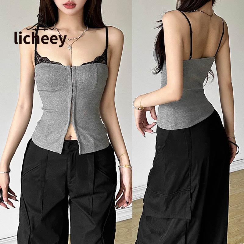 Áo corset hở vai gợi cảm, thiết kế chắp vá ren cổ thấp, áo vest không tay cho nữ, có thể mặc bên trong, trang phục hở lưng, thích hợp cho các bữa tiệc đường phố, một hàng khuy