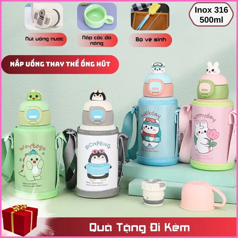 Bình nước giữ nhiệt trẻ em đi học INOX 316 500ml dễ thương đáng yêu cute có dây đeo tặng kèm sticker 2D, 3D BBG0722 binh giu 1