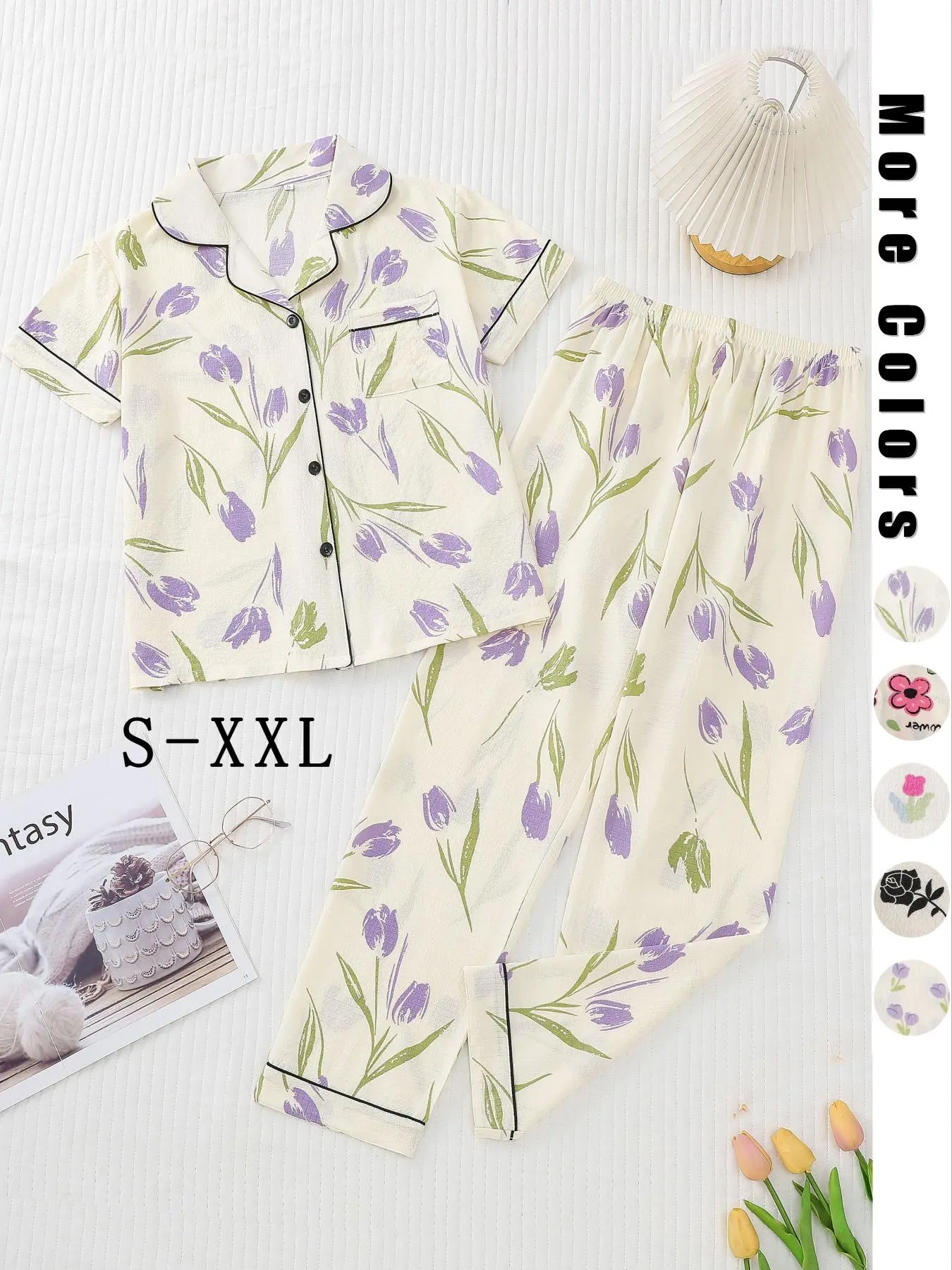 Women's Floral Print Lapel Pajama Set, Summer Wear 2024, Casual Soft Button Front Shirt & Elastic Waist Pants Pj Set, Lady Loungewear for Homewear, Pajamas