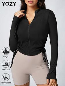 YOZY-GOOO Women's Solid Ruched Drawstring Zip Up Jacket, Casual Long Sleeve Mock Neck Lightweight Outerwear for Daily Wear, Ladies Clothes for All Seasons