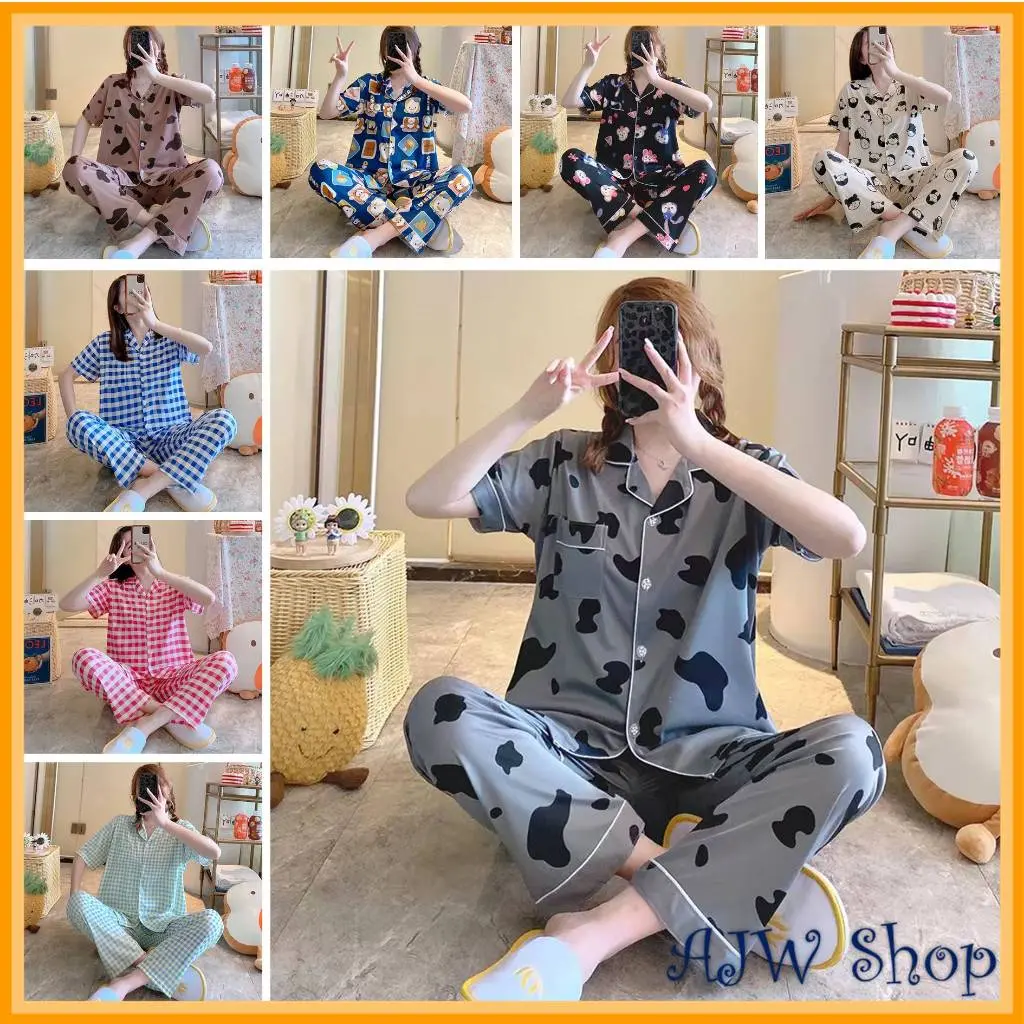 Shop Piyama Kancing Pendek Set Wanita Import | Baju Tidur Kemeja Impor | Piyama Kancing Korea | Piyama Taehyung BTS | Baju Tidur Kancing Kotak Kotak