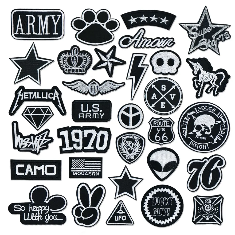 Qinchen Computer Embroidery Self-Adhesive Ironing-Free Black and White Combination DIY Jacket Patches Embroidery Patch For Clothes​​Festival Decoration  Decorative Cloth Stickers