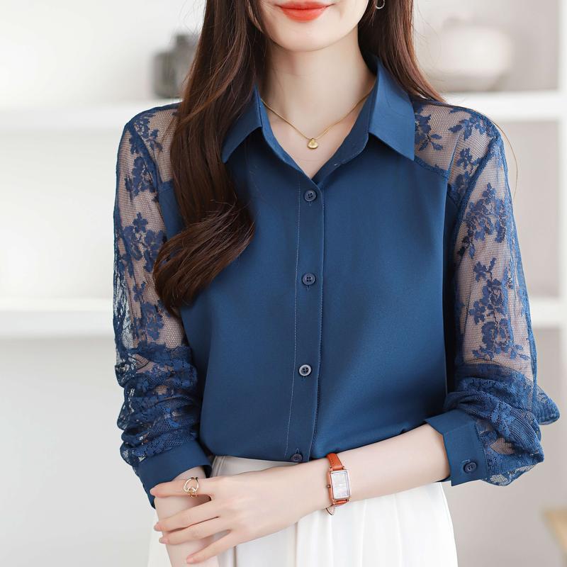 Product Introduction of Áo Cánh Voan Ren Ve Áo, Dòng Màu Xanh Dương, Dành Cho Nữ, Áo Cardigan Dài Tay, Ngoại Cỡ, Không Cần Ủi 5