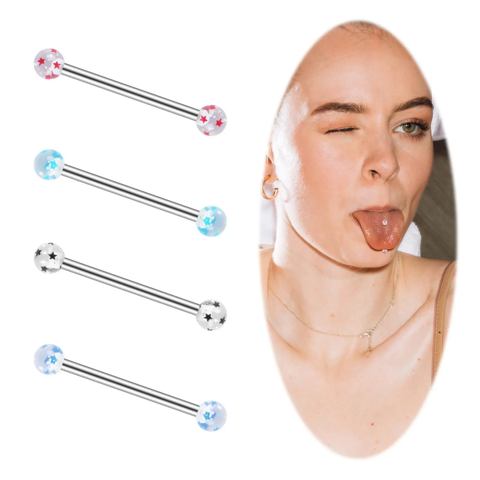 New Stainless Steel Printed Colorful Pentagram Tongue Stud Tongue Stud Piercing Jewelry