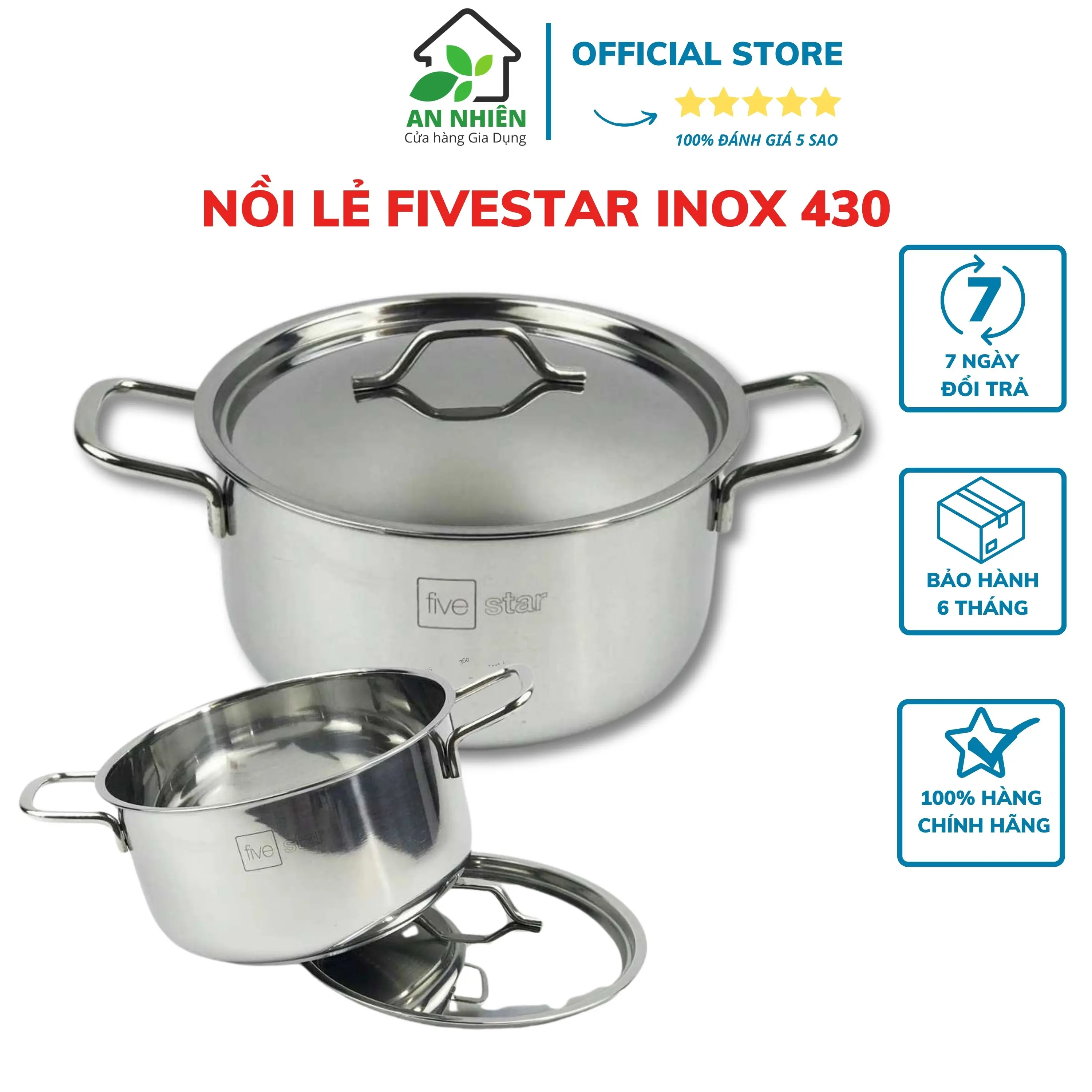 Nồi inox 430  FIVESTAR Standard cao cấp đáy  NL-L2 dùng được bếp từ, nắp inox - kính, quai đũa, size16,18,20,22,24cm|GiadụngAnNhiên