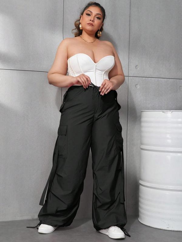 Plus Size Drawstring Waist Cargo Pants, Casual Pocket Design Loose Trousers for Women, Women's Bottoms for Spring & Fall 2