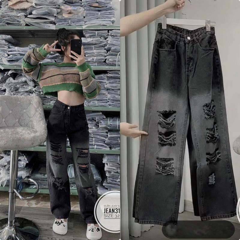 (Bigsize 55-90kg) Quần Jean Nữ Ống Rộng Bigsize Dài 105cm, Loang Xám Rách Ombre 3105,  Lưng Cao, Không Co Giãn Women Ong Pants