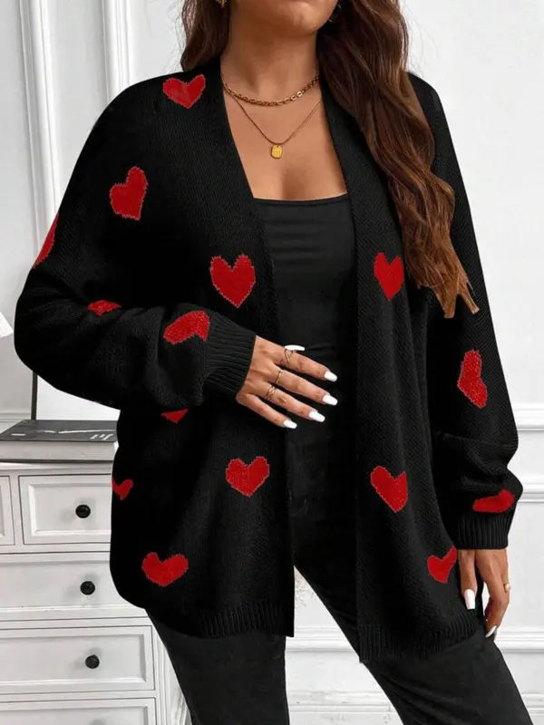 【Plus Size】 Heart Print Open Front Sweater Cardigan, Casual Long Sleeve Cardigan for Fall & Winter, Women's Plus Clothing for Daily Wear 7