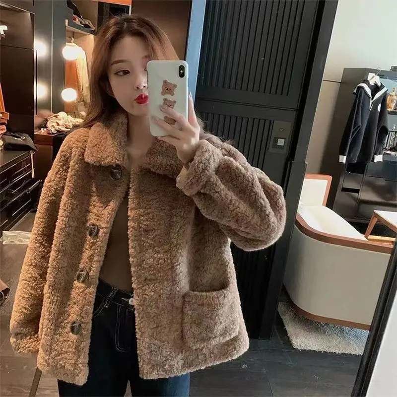 Áo Khoác Lông Cừu, Dành Cho Nữ, Hàng Mới Về Mùa Thu Và Mùa Đông, Dáng Rộng Vừa Vặn, Dài Tay, Ngắn, Dày Dặn, Phong Cách Hàn Quốc, Áo Dễ Phối Đồ