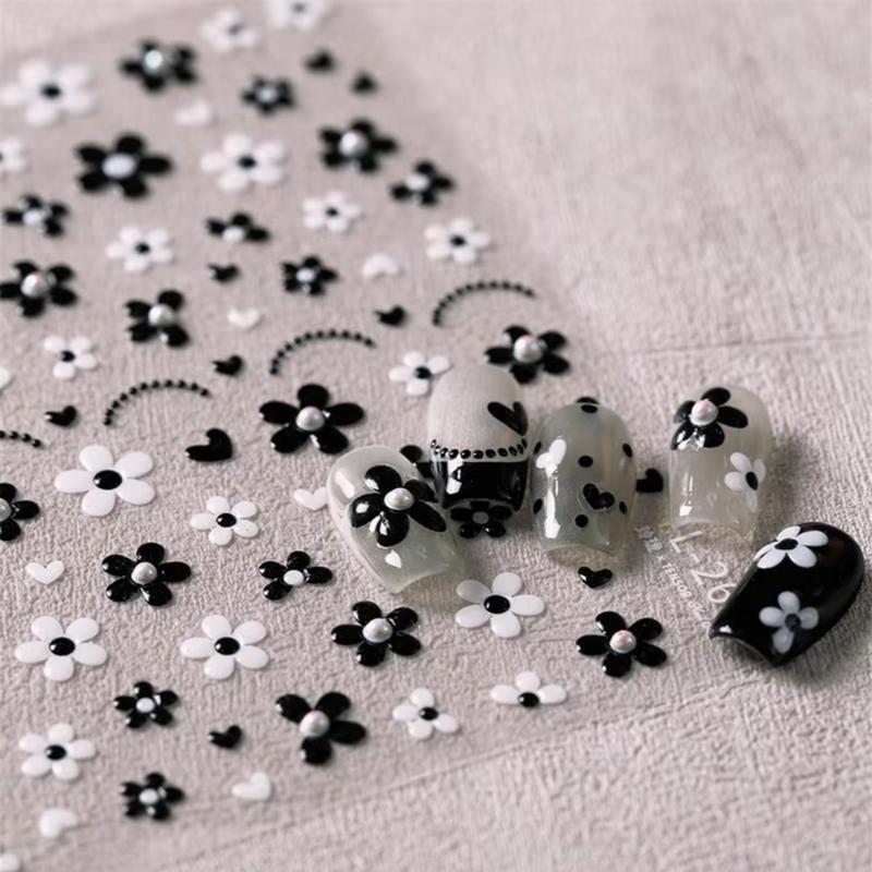 Sticker nơ mix hoa trắng đen dán móng stick trang trí móng làm nail