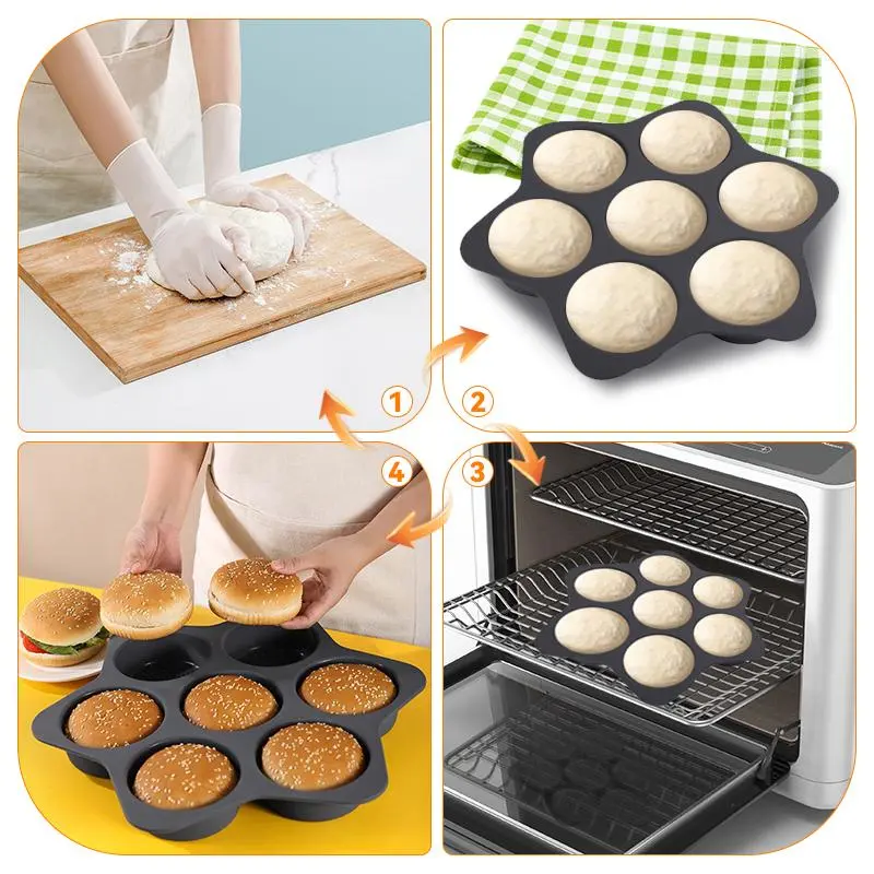 7-cavity Hamburger Bread Mold, 1 Count Non-stick Heat Resistant Burger Bun Mold, Homemade Burger Bun Mold for Home Kitchen Baking House 2