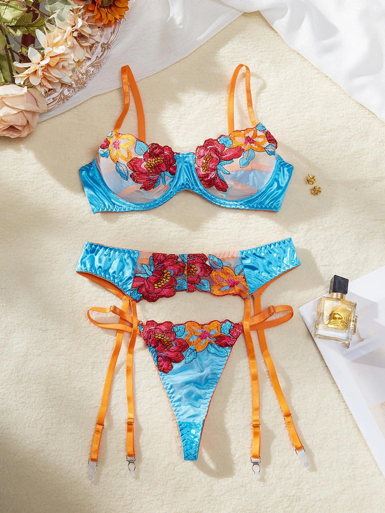 Women's Floral Embroidery Sheer Sexy Lingerie Set, Adjustable Strap Push Up Bra & Thong & Garter Belt Set, Lingerie Set for Women, Naughty Lingerie